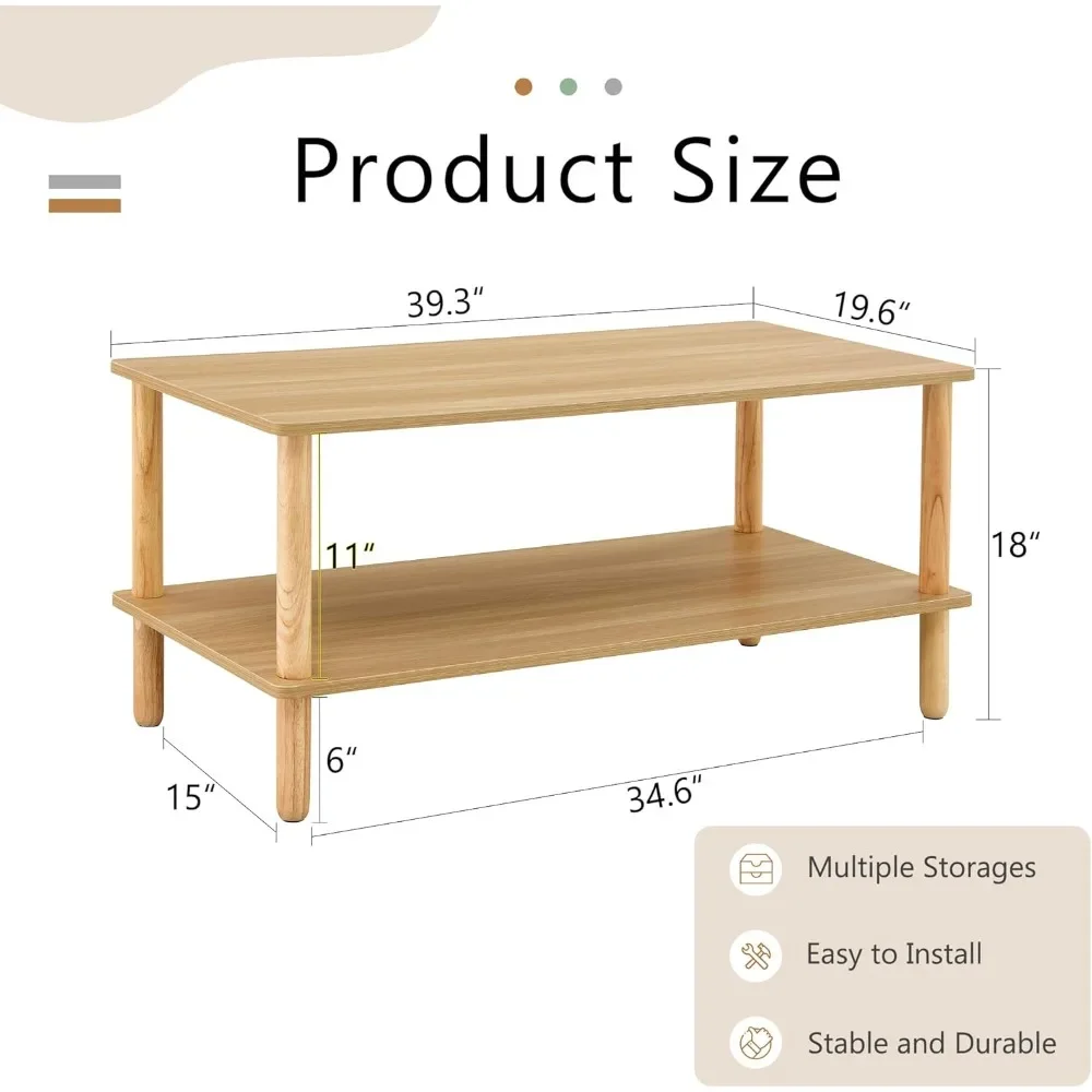 2-Tier Coffee Table for Living Room, Light Wood Coffe Table with Open Storage Shelf, Living Room Table