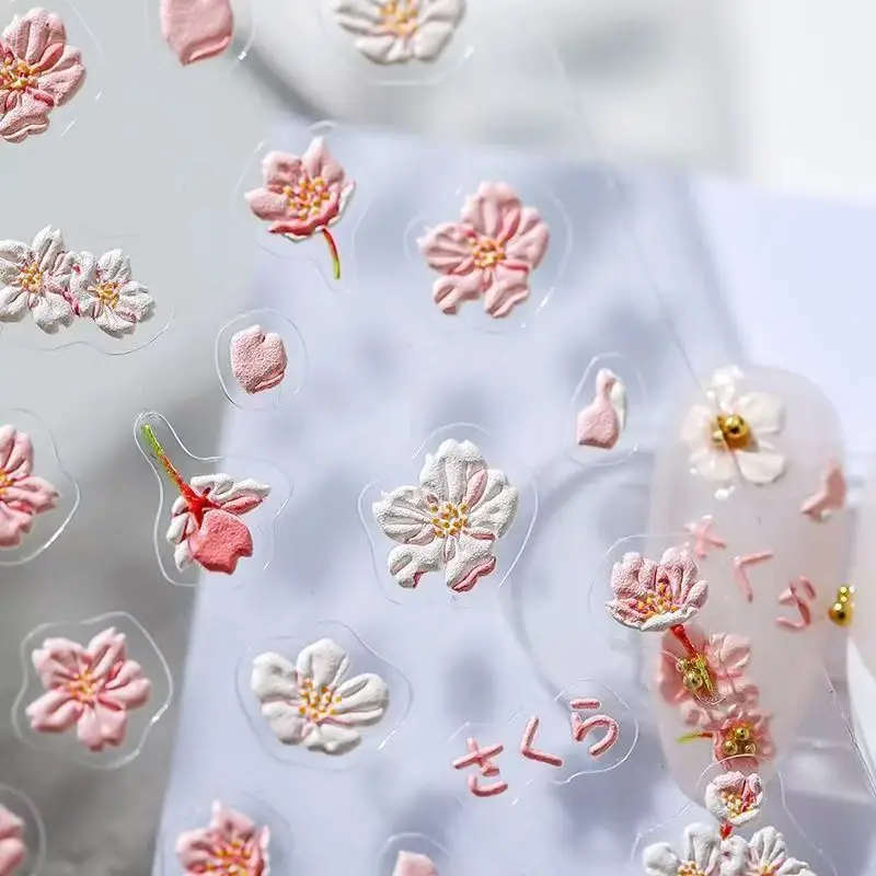 3D Relief Bee Floral Nail Stickers Embroidery Garden Style Self Adhesive Waterproof Decals for Nail Art DIY
