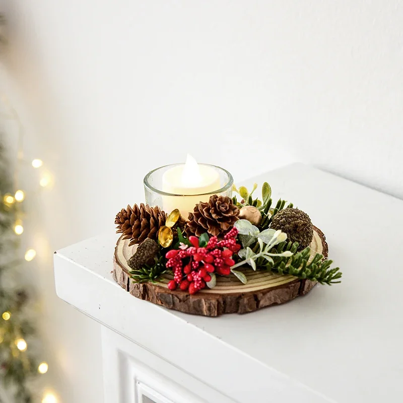 Christmas Candle Ring Artificial Pine Needle Pinecone Berries Garland Rustic Festive Candle Wreath for Home Table Decor