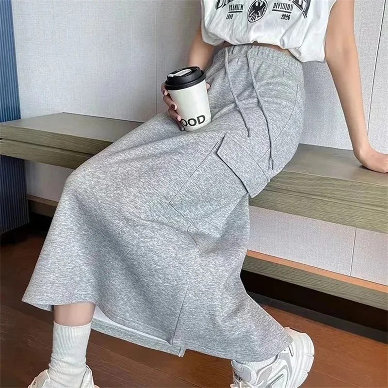 

Spring Autumn sports gray casual workwear Skirt, Harajuku with drawstring slit Skirts for Women 2024 New High Waisted Wrap Skirt