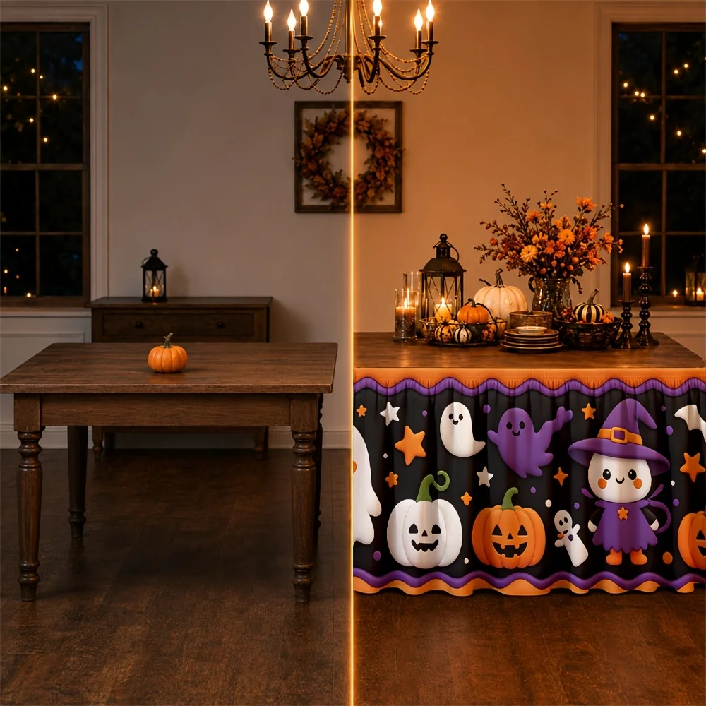 tableskirt Halloween cartoon cute ghost pumpkin witch bat stars orange bla festive autumn October party tablecovexzj