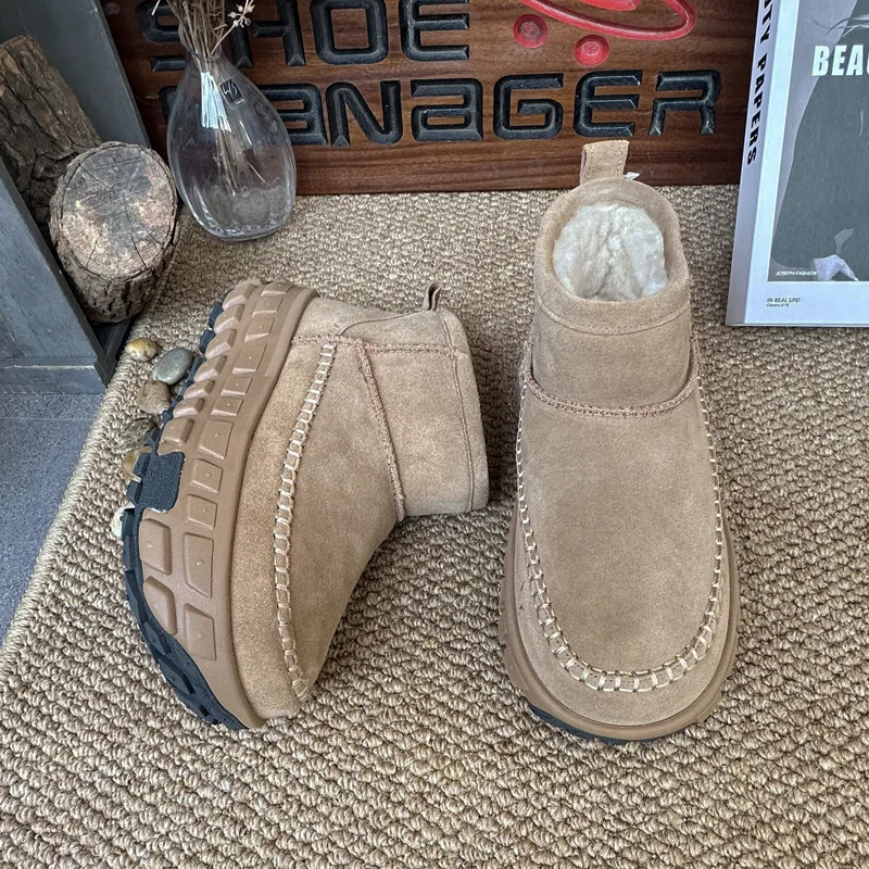 

Careaymade-Handmade Genuine leather women's short boots,Thick soled snow boots winter fur integrated velvet warm cotton boots