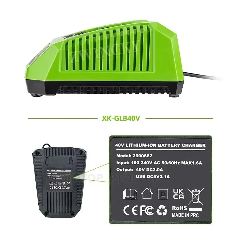 For Greenworks 40V Lithium Battery Power Tools Portable Charging Replacement Charger With 5V 2.1A USB charging port