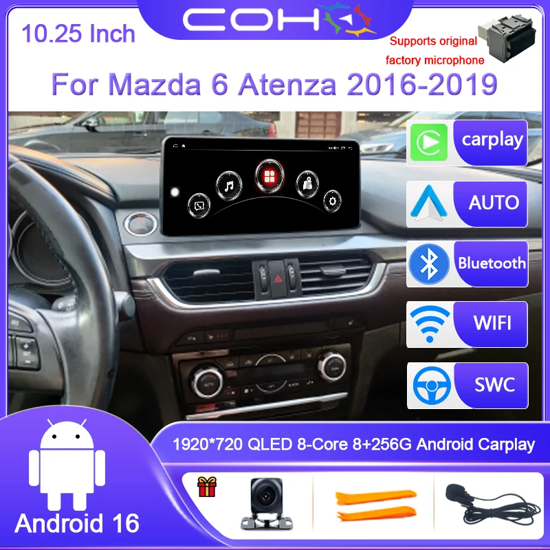 10.25 Inch For MAZDA 6 2016-2019 Dual System Car Multimedia Player GPS Navigation Radio Android 16 8G+256G Octa Core 4G WIFI SIM
