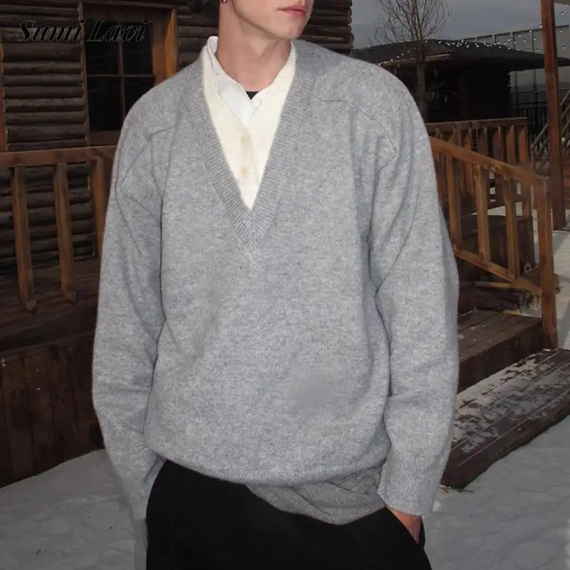 

Модные мужские вязаные пуловеры, осень-зима, повседневный двухслойный лоскутный свитер контрастного цвета, мужской винтажный вязаный джемпер