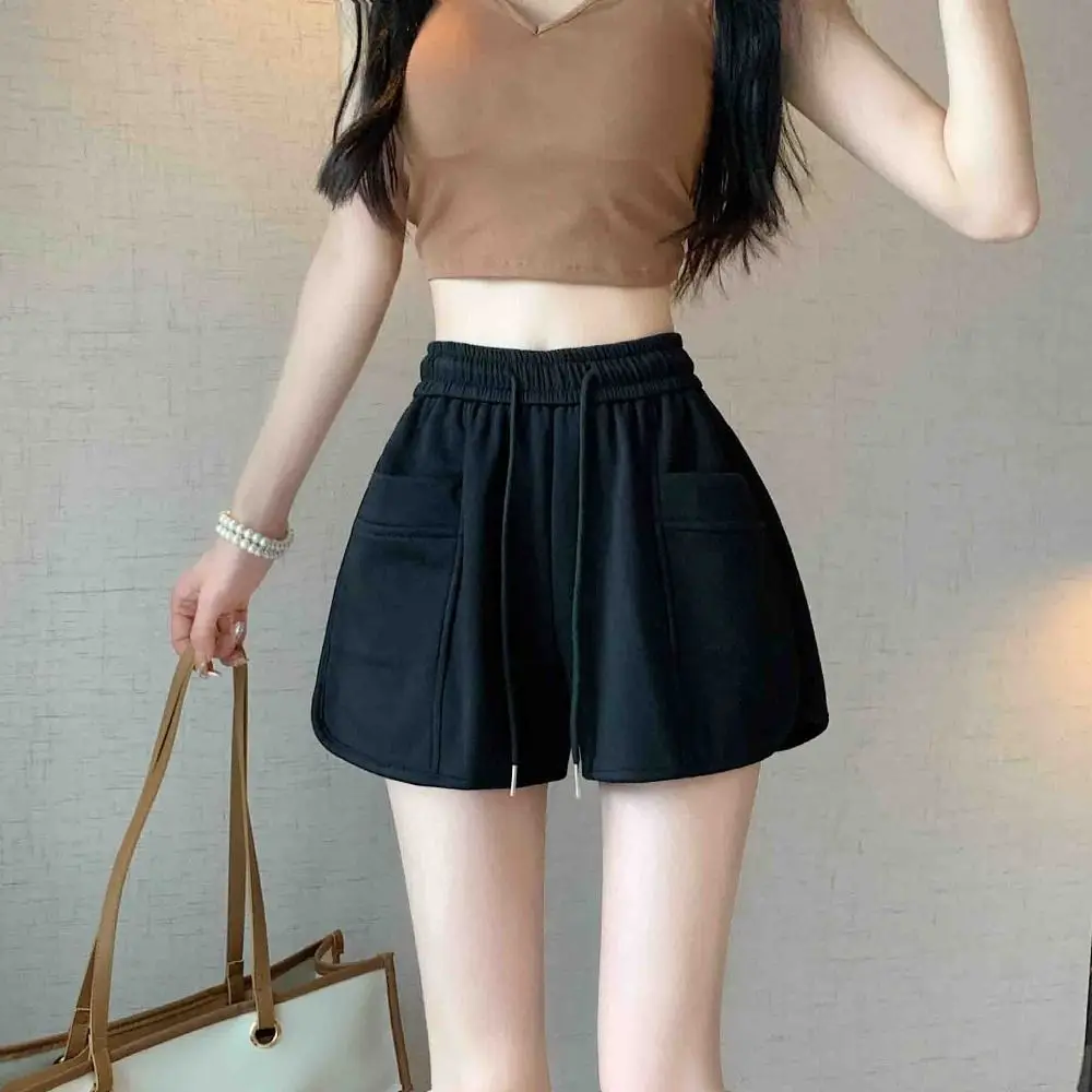 

Fashion with Pockets Wide Leg Shorts Women Fitness Casual High Waist Shorts Loose Sweatpants Drawstring Short Pants Sport
