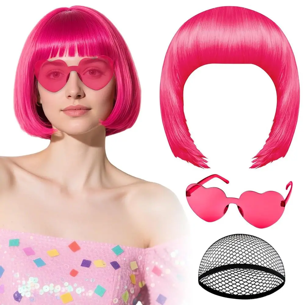 

Hot Pink Bob Wig with Heart Sunglasses and Hair, Synthetic Short Bob Wigs for Party, Cosplay, and Daily Wear