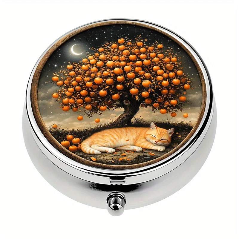 1 pill box, 3 compartments with an orange tree and cat night scene design, mini pill box, medication storage box, decorative metal storage box, used for storing medication and vitamins