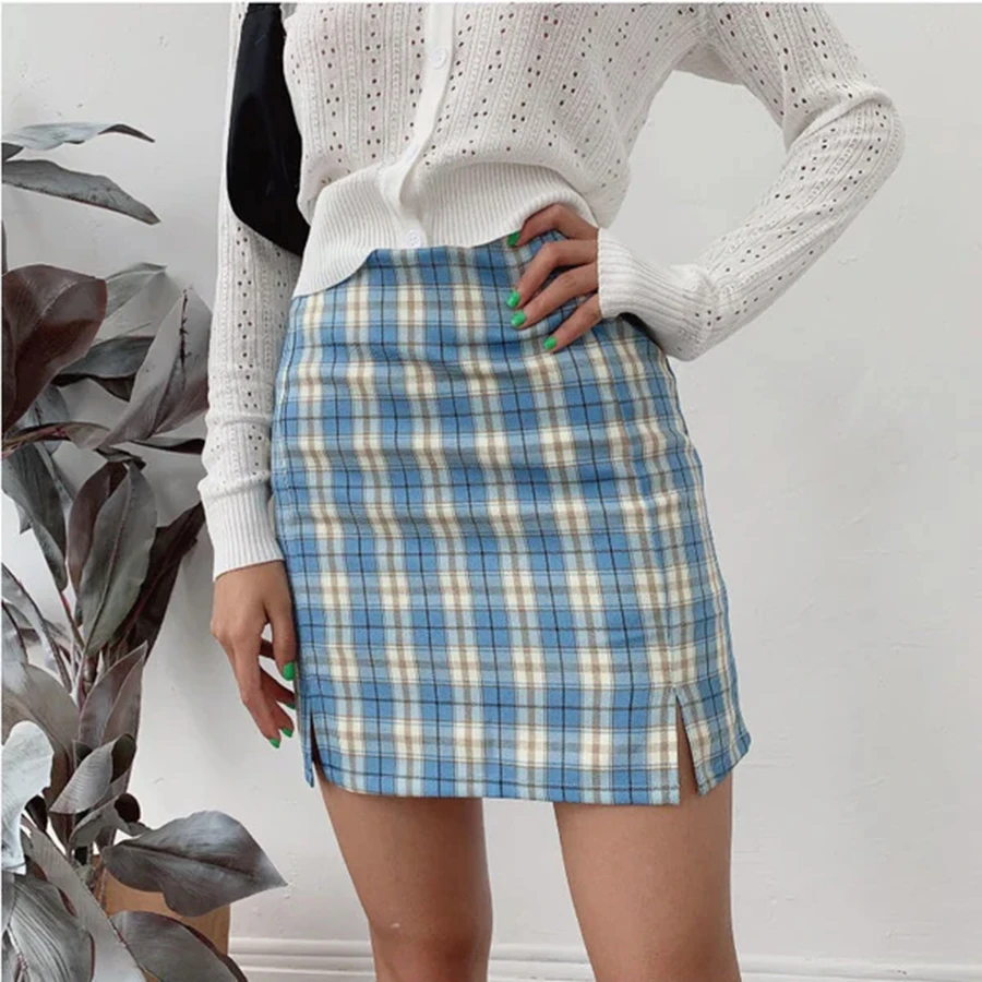 Women Classic Mini Skirt Plaid Print Casual High Waist Bodycon Simmer Going Out Pencil Skirt