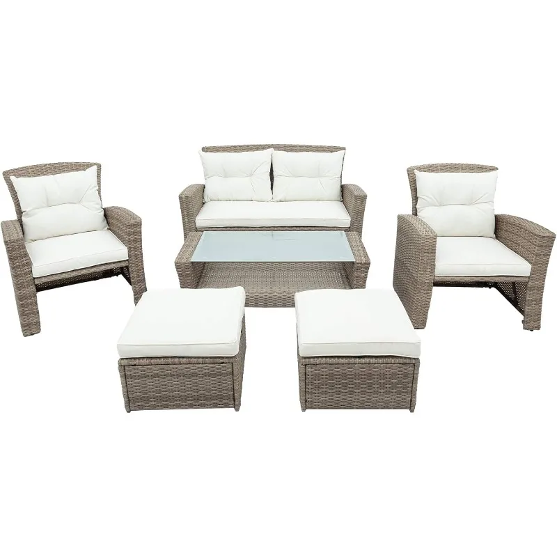 Conjunto de muebles de mimbre para patio, sofá seccional para todo tipo de clima, taburete de pie, cojines y mesa de vidrio con estante