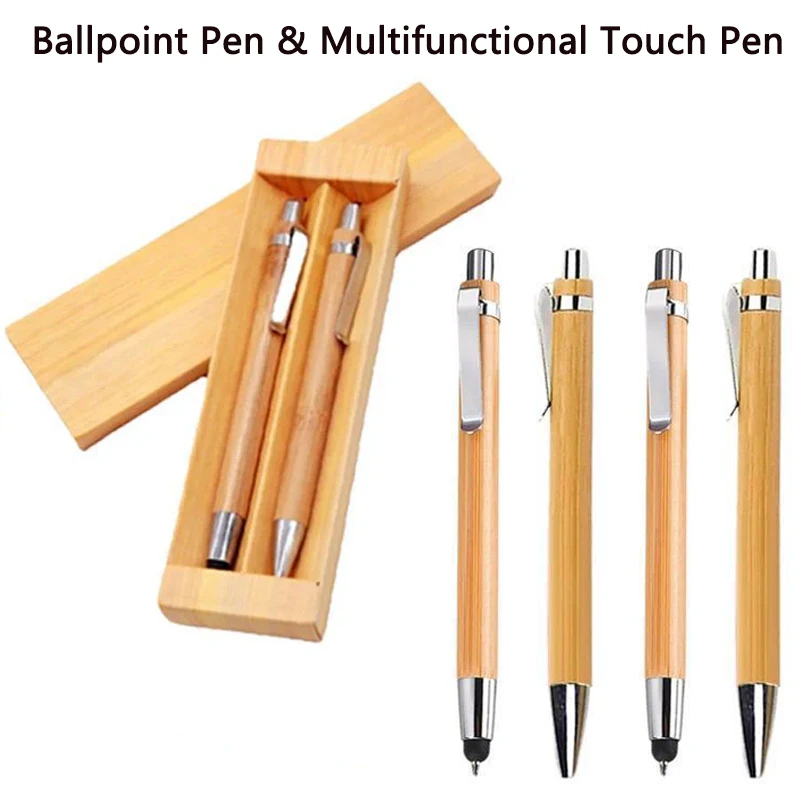 1.0mm Blue Ink Bamboo Ballpoint Pen and 2-in-1 Multifunctional Touch Pen Set With Box, Creative Ballpoint Pen Writing Supplies