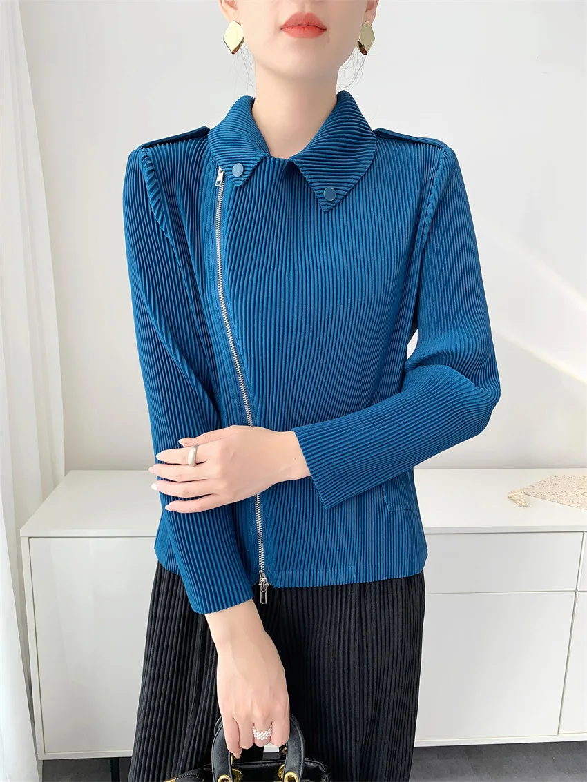 Miyake Folded Large Toothpick Jacket for Women Cross-border Motorcycle Jacket Autumn and Winter Short Zipper Cardigan for Women