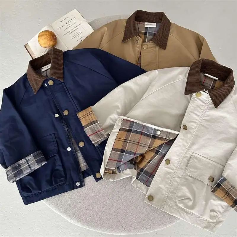 Spring Autumn Plaid Patchwork Jacket for Babies Boys Girls Kids Classic Stylish Windbreaker Korean Style Double Button Polyester