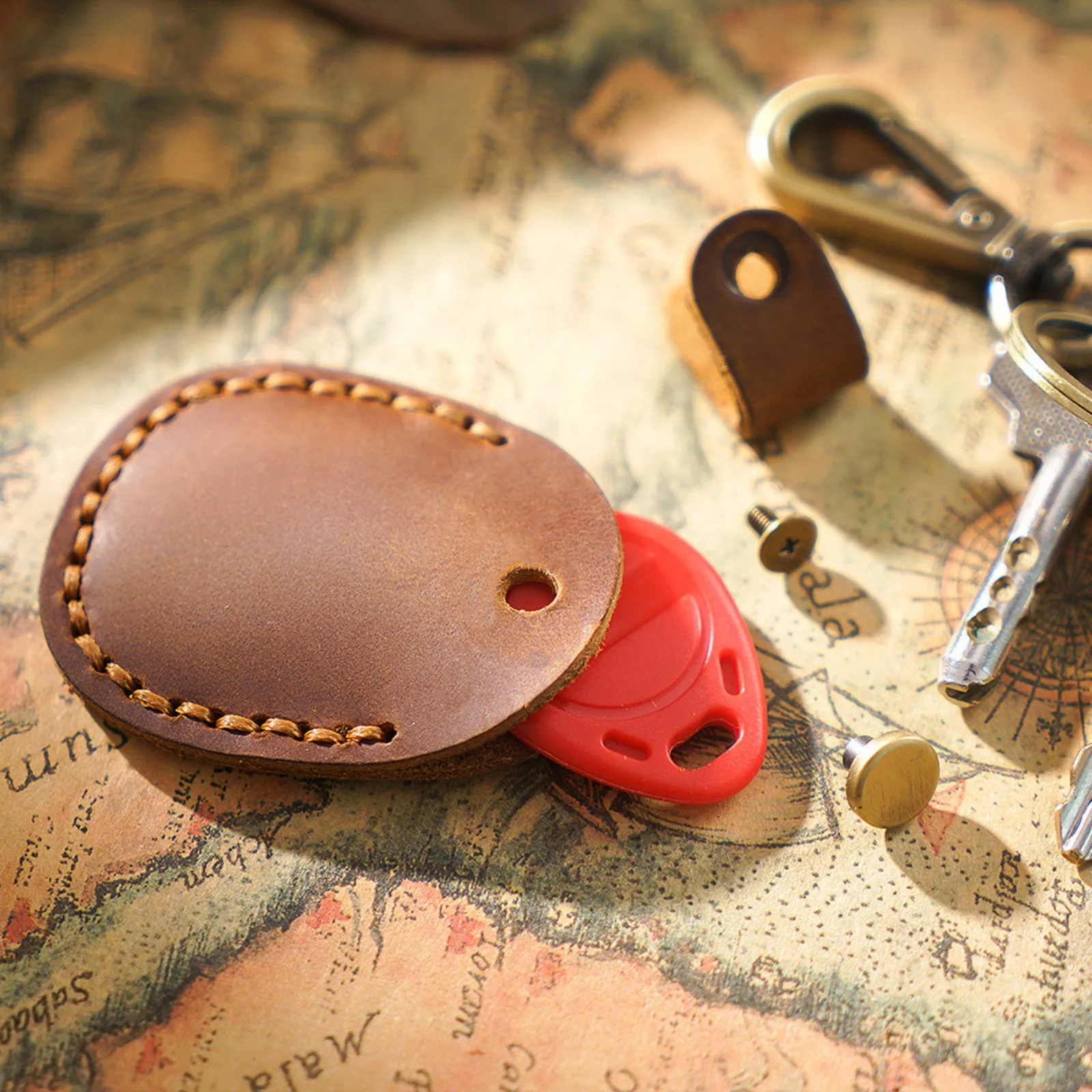 Genuine Leather Access Card Holder Air Tag Holder with Key Ring, Handmade Key Fob Keychain NFC Smart Key Airtag Protector Cover