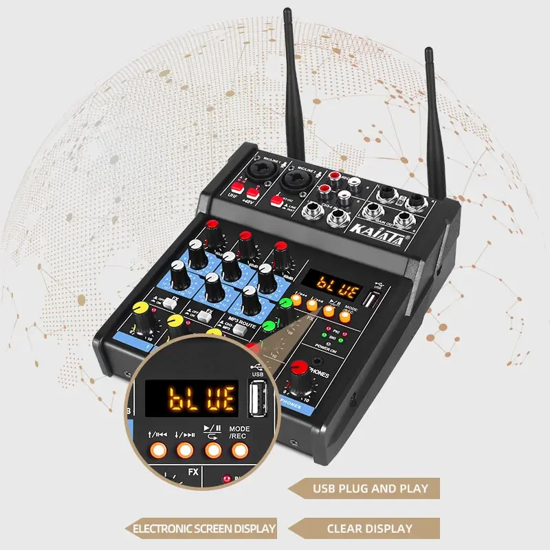 KAIKA G4-M2-2 Small Mixer With Wireless Microphone Integrated Computer Sound Card Guitar USB 4-channel Audio Mixer