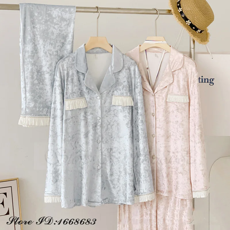 Sweet Velvet 2PCS Pajamas Set Autumn Winter Women Sleepwear Loungewear French Style Warm Long Sleeves Trouser Suits Homewear