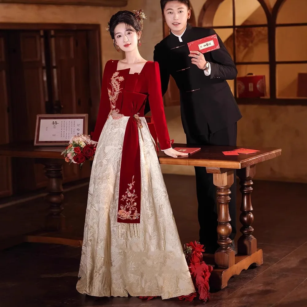 

Toast Dress Bride 2025 New Long Sleeve Red New Chinese style Engagement Dress Women's Wedding Banquet Wedding Dress