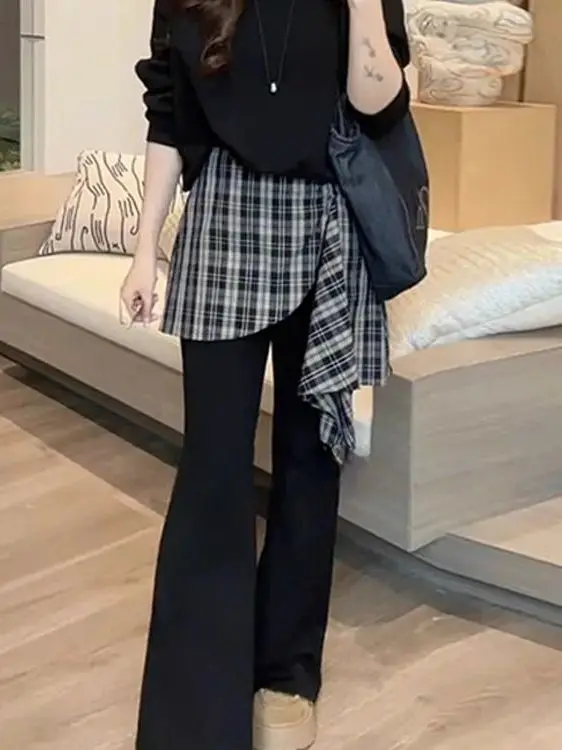 Modny damski komplet w kratę z długim rękawem, duży rozmiar, 300 Pou, nowość na jesień 2025, odporny na zmarszczki, oddychający, casualowy, elegancki.