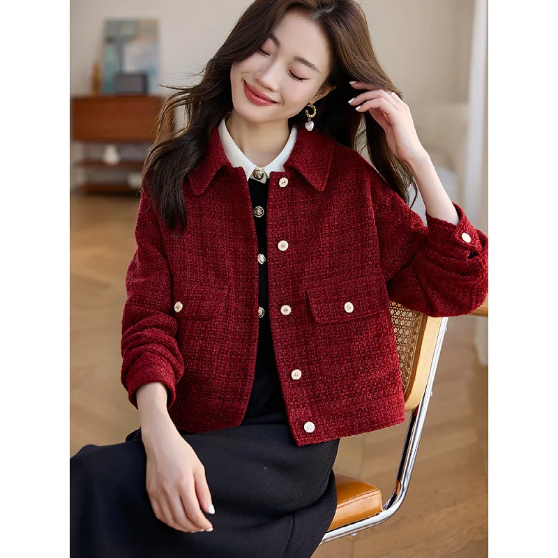 JHJN delicate Red women's short jacket Retro style Cardigan Rough flowers little chap Casual jacket top