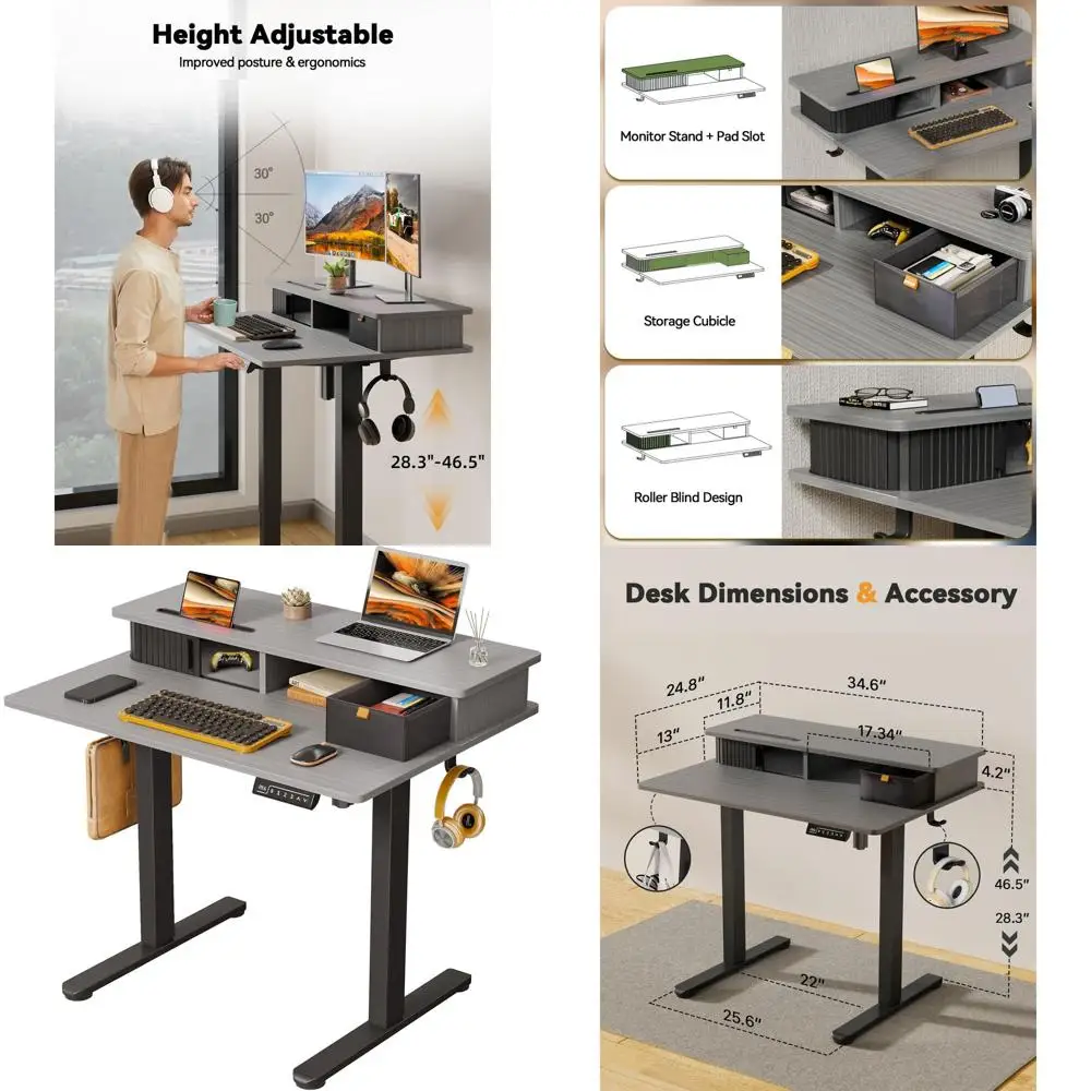 

Регулируемый электрический стол для работы стоя 35 x 25 футов с встроенной подставкой для монитора и местом для хранения, серый