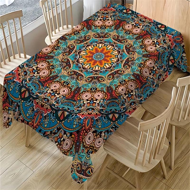 1pc Bohemian Mandala Rectangle Tablecloth, 2D Flat Printing, Rectangle - 100% Polyester, Machine Tablecloth, Suitable for Restaurant, Office, Desk, Home Decoration, Kitchen, Picnic Decoration, Gift