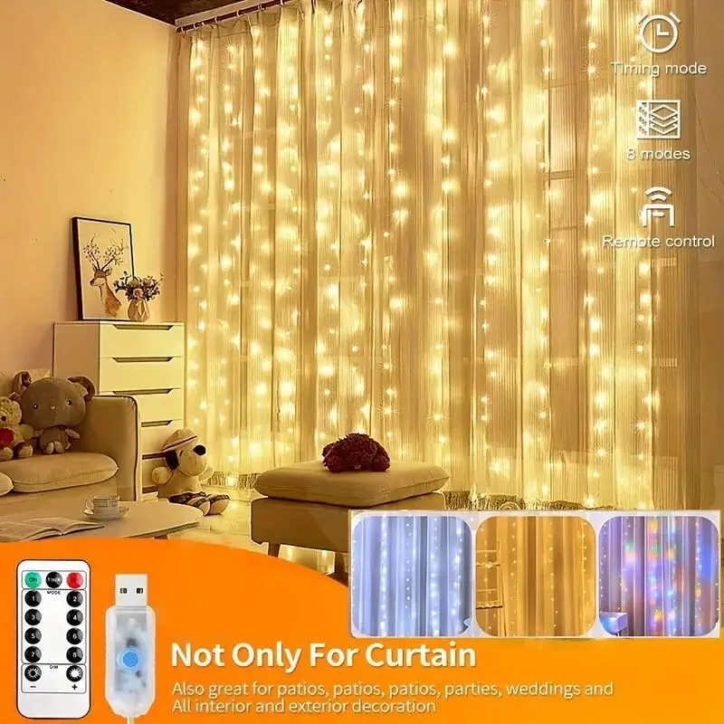 Curtain LED String Lights USB Plug-in with Remote Control Christmas Decoration Holiday Wedding Indoor Bedroom Home Party Lights