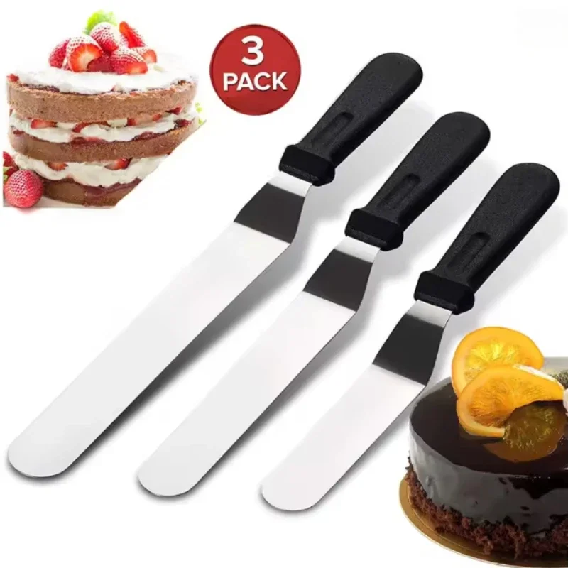 3pcs 6/8/10inch Cake Decorating Smoother Angled Butter Cream Icing Spatula Stainless Steel Offset Frosting Spatulas Baking Knife