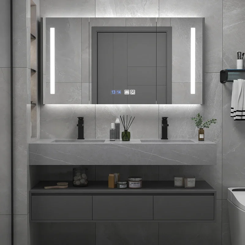 @#Luxury Hotel Floating 150cm Double Basins Bathroom Vanity Set Modern Bath Cabinet With Led Mirror