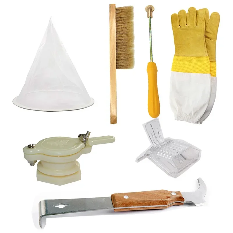 New Beekeeping Tools Set 7-Piece Beekeeping Gloves Bee Brush Hive Tool Honey Outlet Filter Catch King Clip Beekeeping Eqiupment