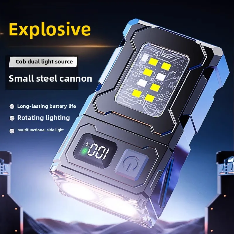 

Flashlight with strong light and explosive charging, portable, long-lasting clip on cap light, outdoor multifunctional rotating