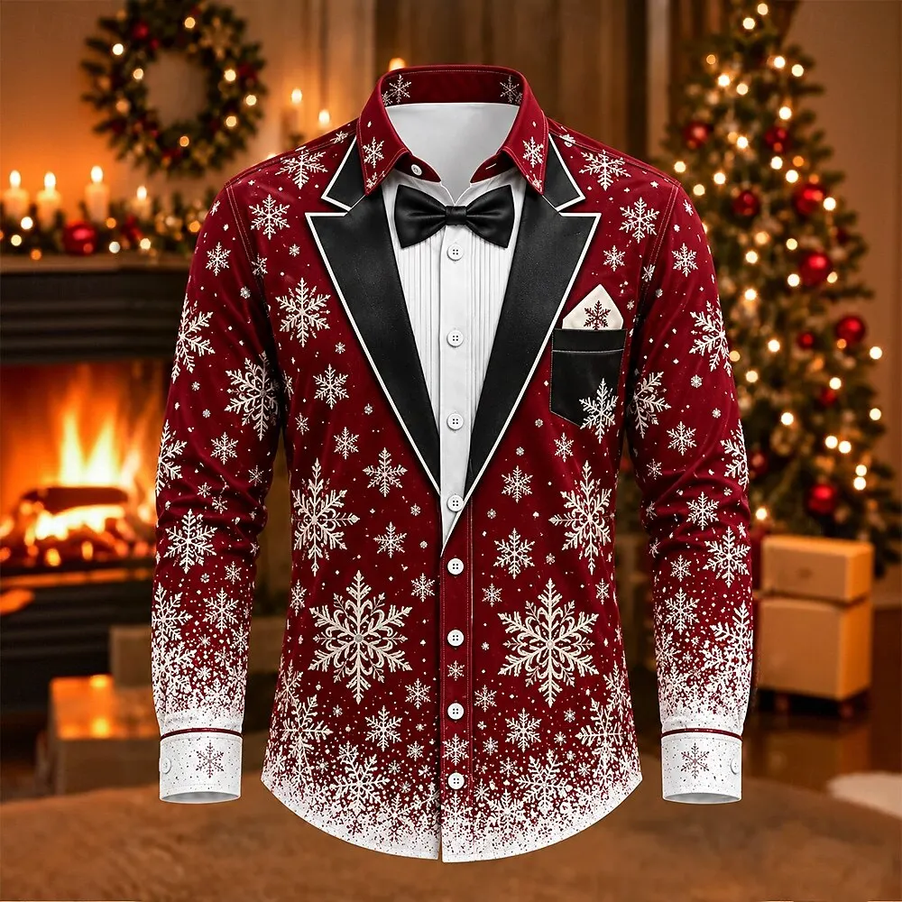 Casual Xmas Party Fake Tuxedo Snowflake Graphic Men Long Sleeve Shirt