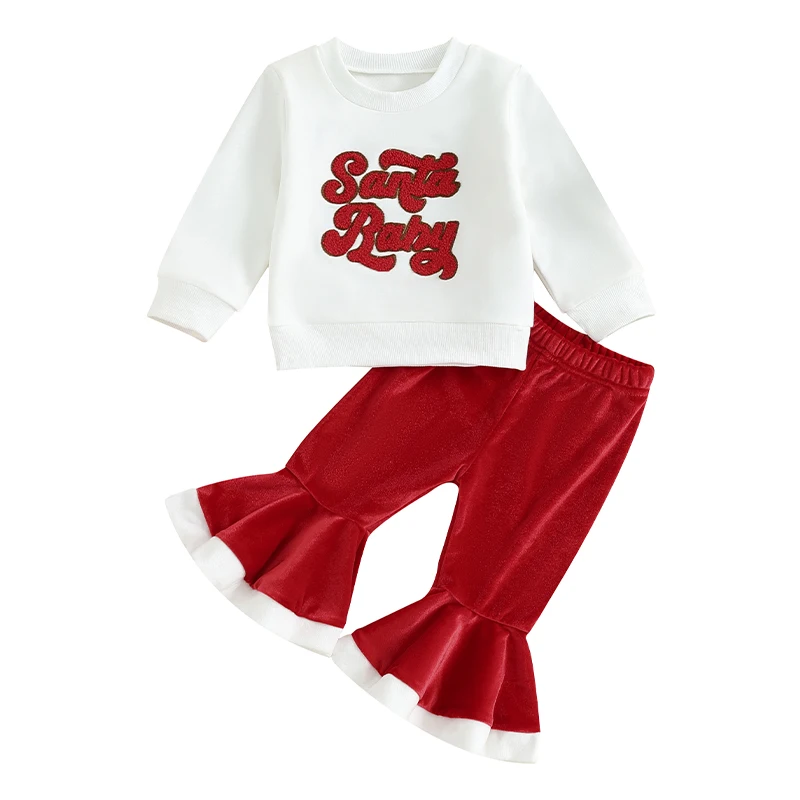 

Toddler Girl 2-Piece Christmas Outfits Set with Long Sleeve Sweatshirt and Velvet Flare Pants - Festive Baby Clothes for the