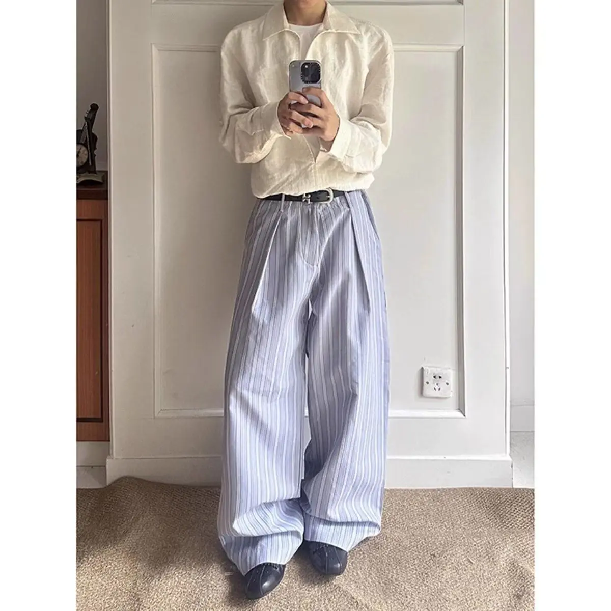 Men's Blue Striped A-line Casual Pants Summer Commuter Style Young Boys Sweatpants Male Straight Loose Wide Leg Trousers