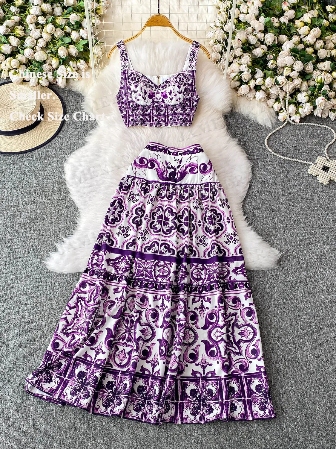 

Summer Holiday Beach Long Dress Two Piece Set Women Corsest Chest Pad Cropped Tops Purple Blouse Pocelain Print Maxi Skirt Suits