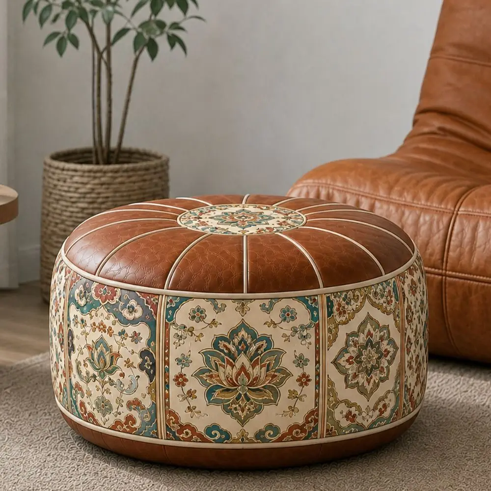 New PU Leather Ottoman Pouf Foldable Boho Pattern Storage Ottoman Fillable Round Shape Round Pouf Cover Multipurpose Storage