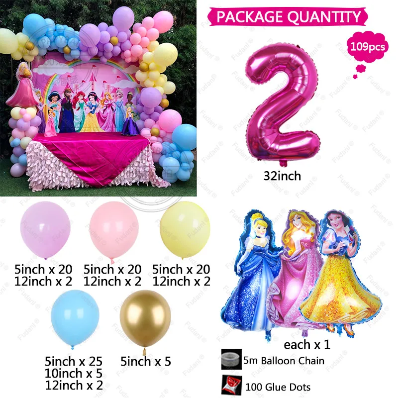 109pcs Disney Princess Foil Balloons Arch Garland Kit Kids Girls Favor  Birthday Party Decorations Air Globos Supplies Toys Gift