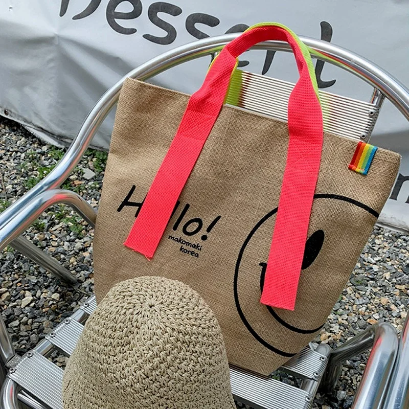 

Luxury Designer Handbags for Woman Cute Cotton and Linen Printed Casual Shopping Bag Large Capacity Tote Bag Purses 2022 Hello