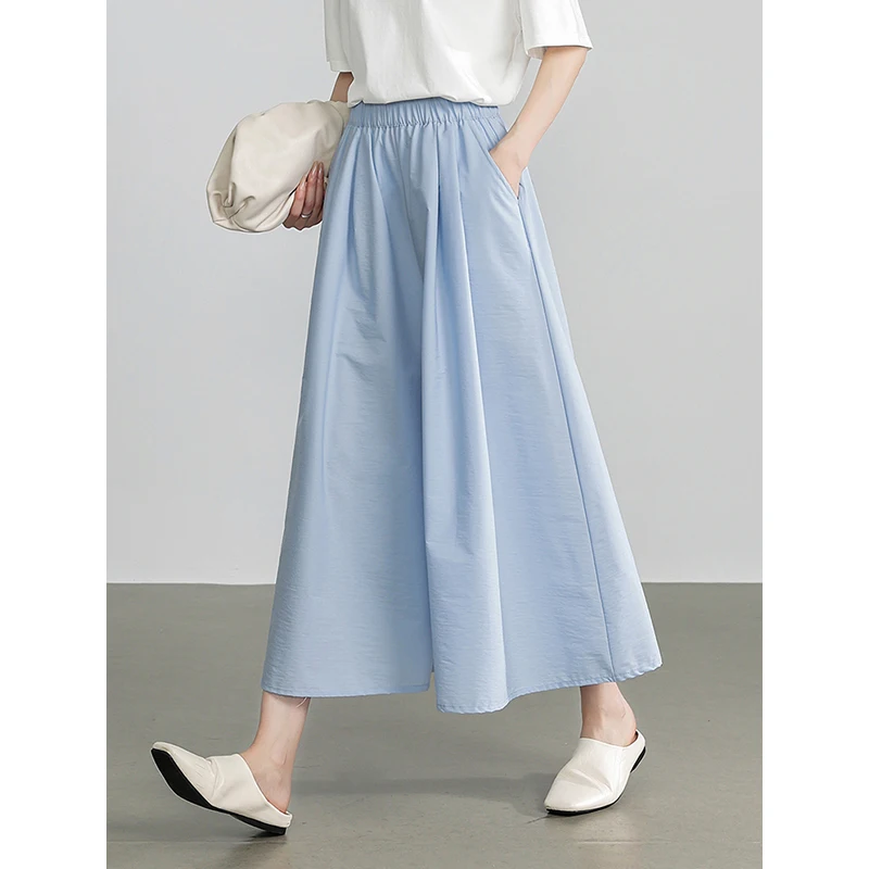 TOYOUTH Women Casual Pants 2024 Summer New Pleated Solid Color Ankle Length Wide Leg Skirt Pants