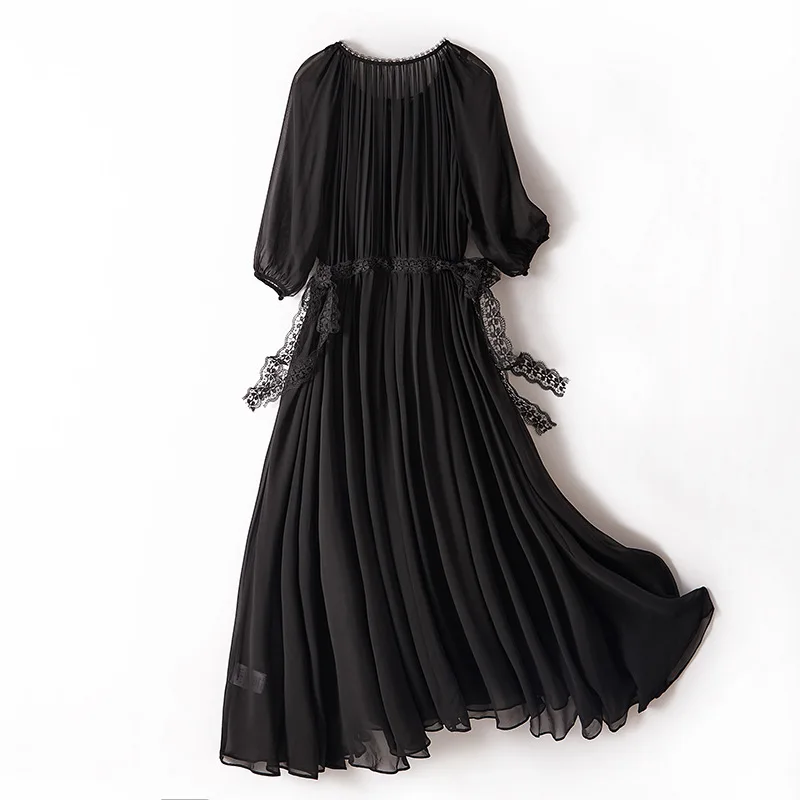 Birdsky, 1 peça feminina gola redonda vestido solto ajuste faixa de renda 100% seda amoreira real preto, S-1028