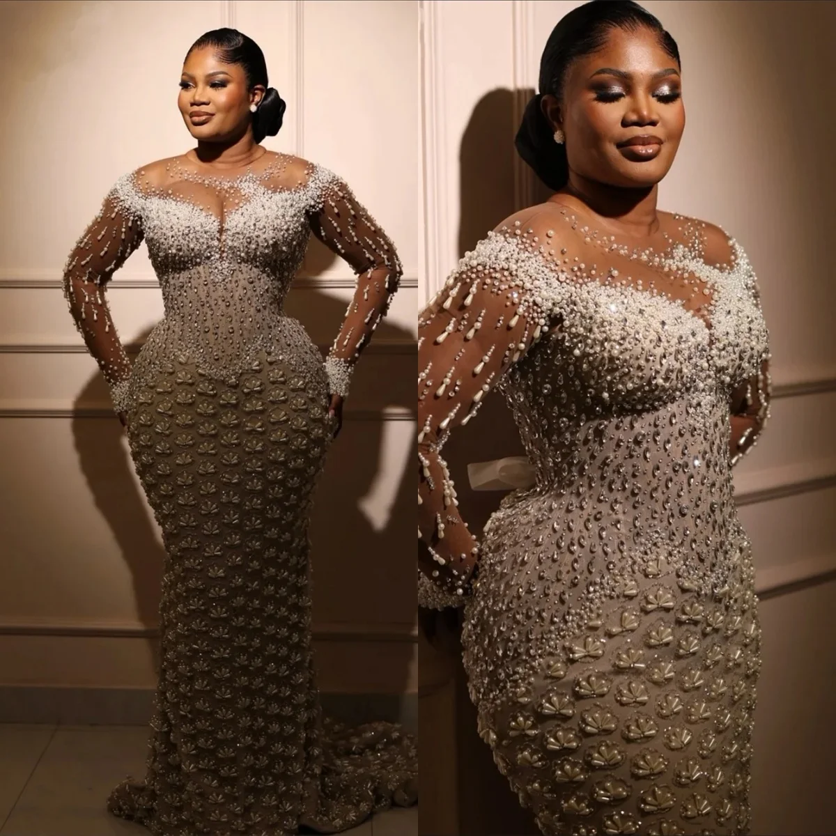 

Sexy Mermaid Evening Dress O Neck Crystal Pearls Beading Prom Gowns Sheath Long Sleeve Floor Length Party Dresses Customized