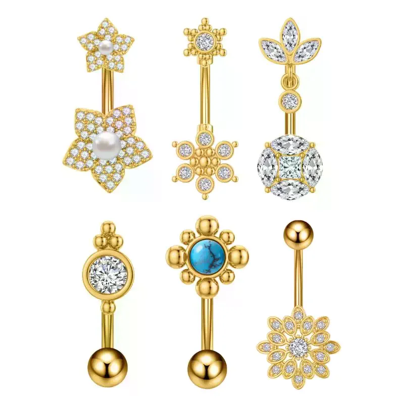 Fashion Flower Shaped Navel Ring Ornament Zircon Belly Button Ring Barbell Pendant For Women Girls Body Piercing Jewelry