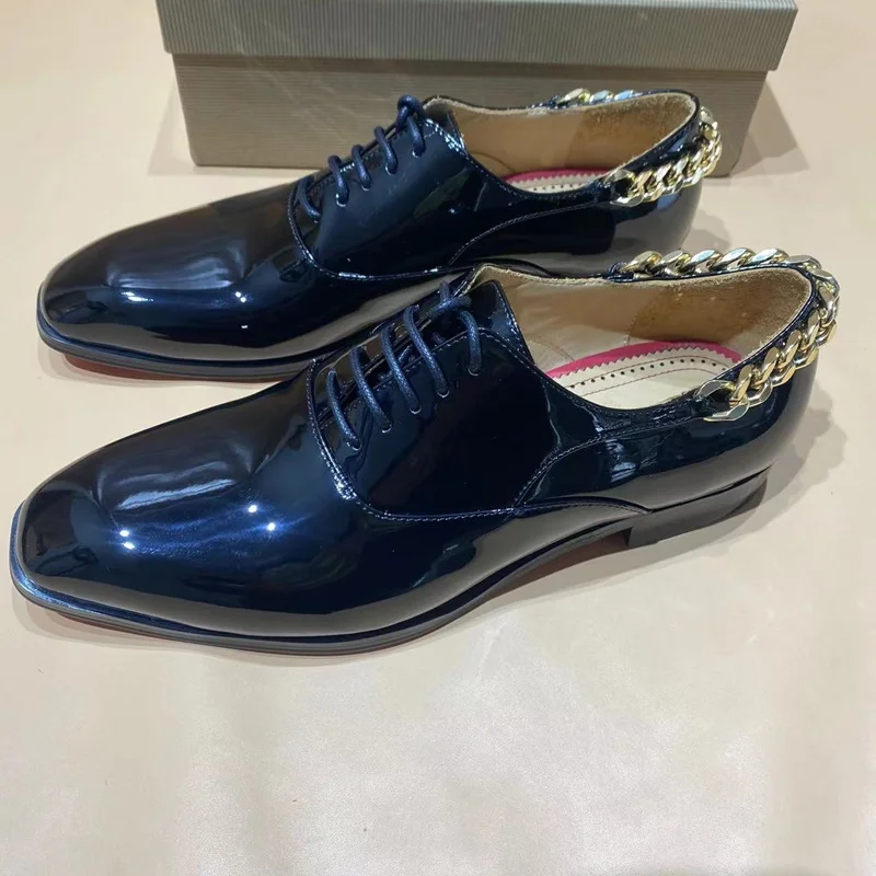 

Men Black Patent Leather Shoes Fashion Chain Design Lace-up Oxford Formal Shoes Handmade Italian Office Shoes Mens Dress Shoes