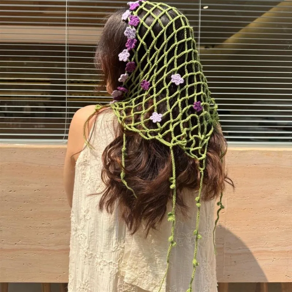 

Pastoral Style Knitted Flower Waist Chain Hairband Elegant Flower Triangular Headscarf Long Necklace Vintage