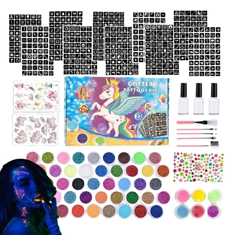 Glitter tattoo set  Colors Tattoo Kit With Stencil Glue Brush Makeup Glitter Body Art Design For  Body Painting Glitter Powder