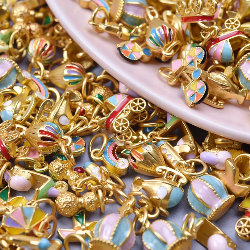 12pcs Mixed Chinese Gold Color Three-Dimensional Cute Enamel Charms For Jewelry Making Supplies Windmill Stroller Pendant Charm