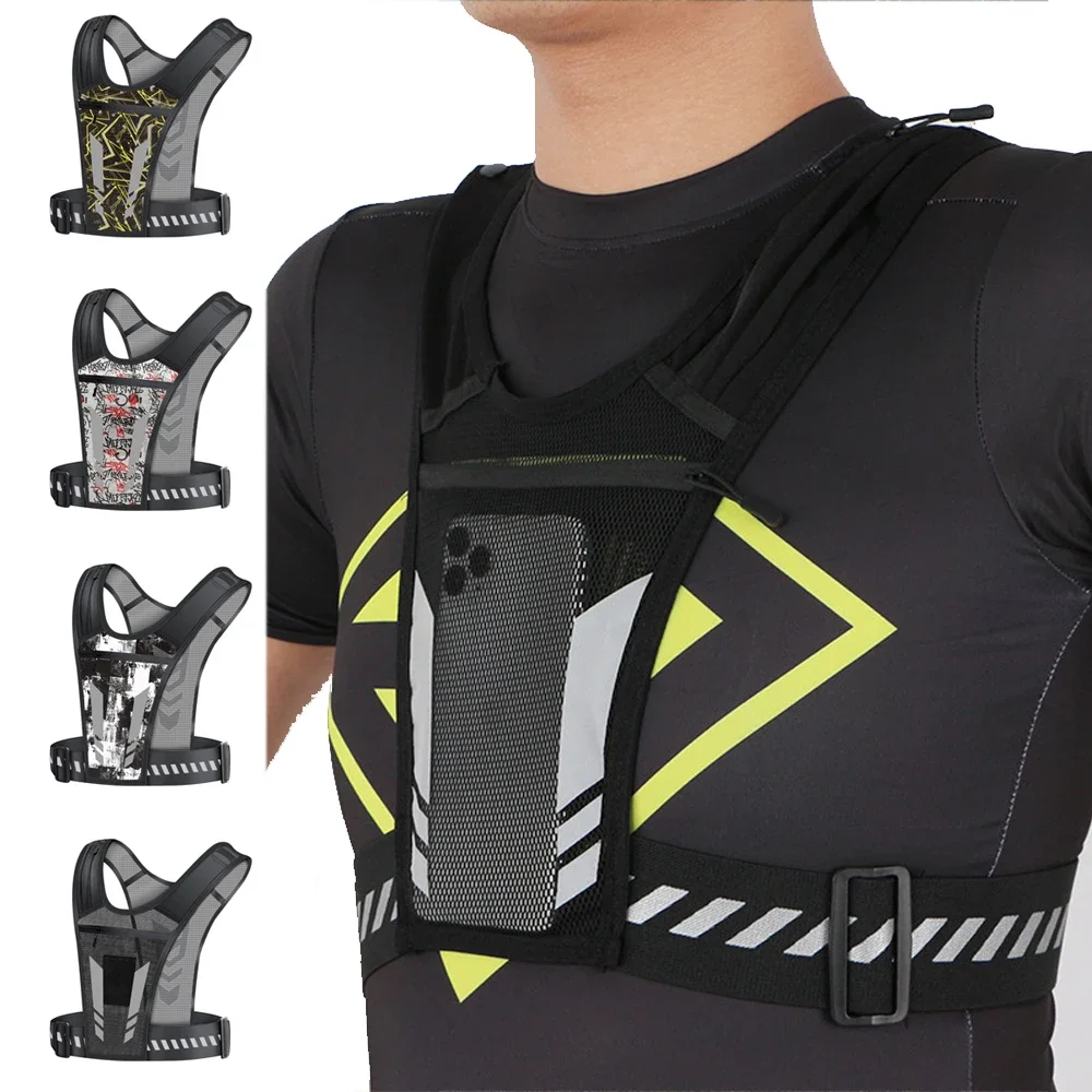 Reflective Running Phone Holder Vest for Men Women Adjustable Strap with Key Pocket for Jogging Walking Gym Workout