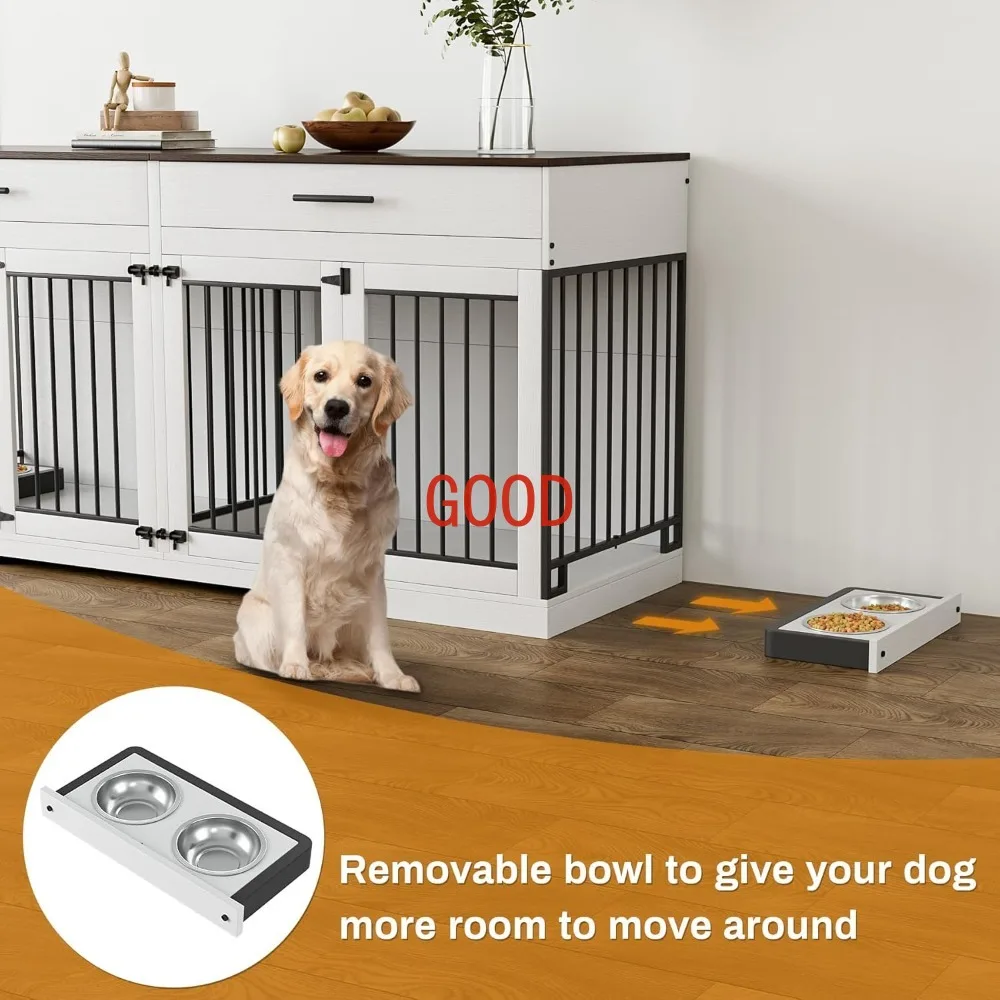 Móveis para caixa de cachorro, canil grande de madeira para cães de 72,05 polegadas com 2 gavetas e tigelas para cães, gaiola para cães com portas duplas e divisórias