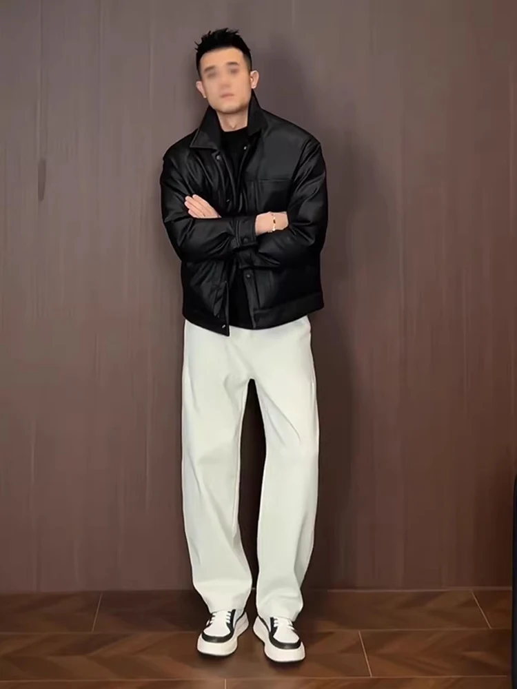 

Мужские джинсы с высокой талией и шнурком, на флисовой подкладке, прямого кроя, белые, осенне-зимние, в американском стиле, длинные брюки, облегающие, с расклешением от колена