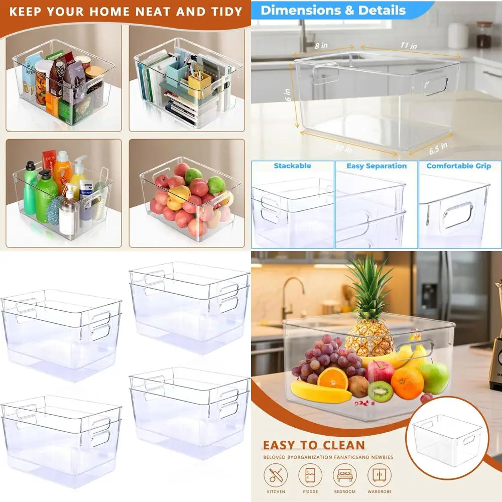 

Stackable Clear Plastic Storage Bins with Handles, 8-Piece Set for Kitchen, Pantry, and Home Organization (11x8x6 inches)
