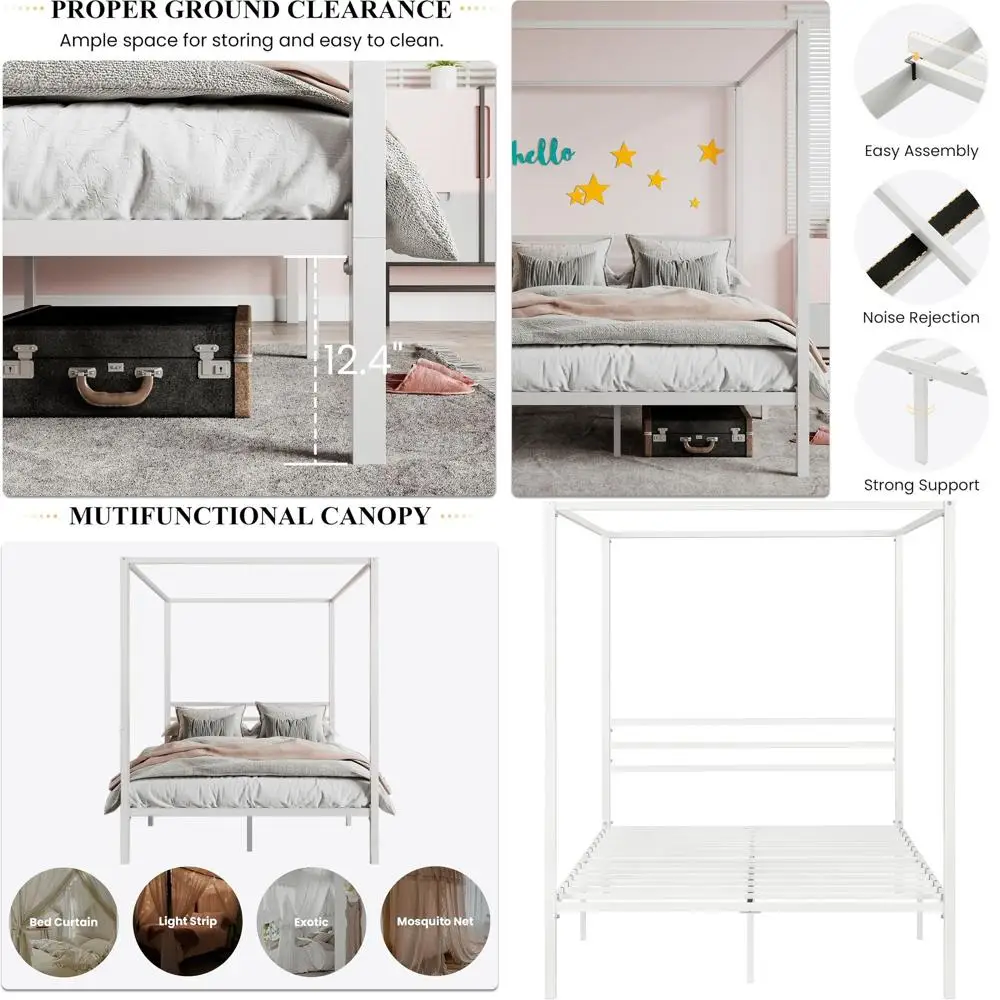Full Size White Metal Slat Canopy Bed Frame with Mattress Support, No Box Spring Needed, Easy Assembly